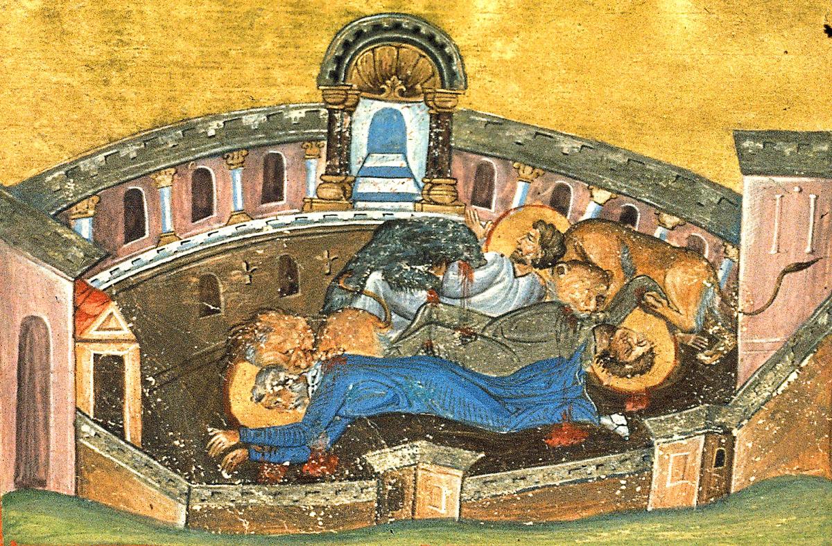 Martiriul Sfintilor Mucenici Silvan, Luca si Mocius - miniatura din Menologhionul lui Vasile al II-lea Macedoneanul (985 Vatican Library Roma) Viața Sfântului Mucenic Silvan, episcopul