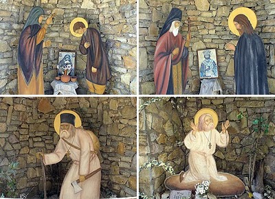 Scene descriind viața Sfântului Serafim de Sarov În Mănăstirea Sfântul Serafim de Sarov din Trikorfo, Grecia