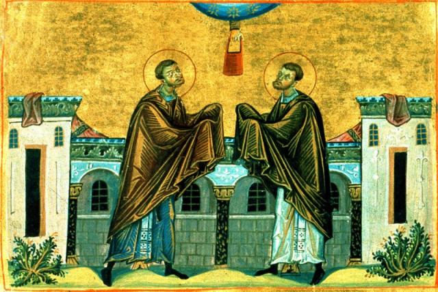 Sfinții Mucenici Doctori fără de arginți Cosma și Damian - miniatură din Menologhionul lui Vasile al II-lea Macedoneanul Sfinții Cosma și Damian