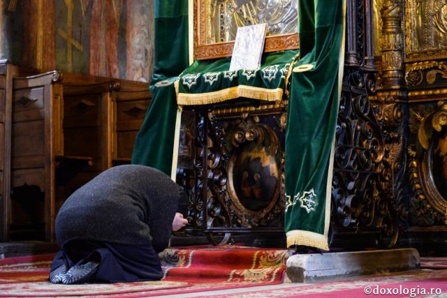 Chemările dulci sau aspre către Dumnezeu / Foto: Ștefan Cojocariu femeie în genunchi în fața icoanei Maicii Domnului
