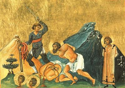 Martiriul Sfinților Mucenici Evghenie, Achila, Candid și Valerian - miniatură din Menologhionul lui Vasile al II-lea Macedoneanul (985. Vatican Library. Roma.) Sfântul Mucenic Evghenie