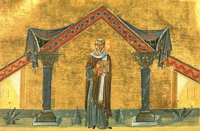 Sfântul Ierarh Agaton, Episcopul Romei - miniatură din Menologhionul lui Vasile al II-lea Macedoneanul Sfântul Ierarh Agaton, Episcopul Romei