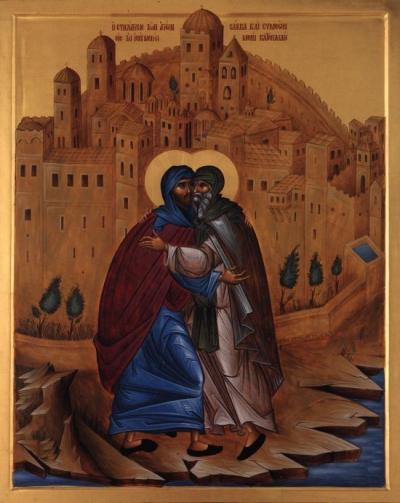 Întâlnirea dintre sfinții Savva și Simeon la Mănăstirea Vatopedi – icoană contemporană pictată în atelierul mănăstirii Vatopedi