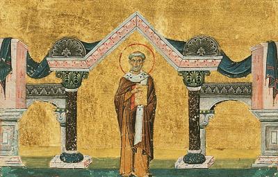 Sfântul Ierarh Leon, Episcopul Romei - miniatură din Menologhionul lui Vasile al II-lea Macedoneanul Sfântul Ierarh Leon, Episcopul Romei