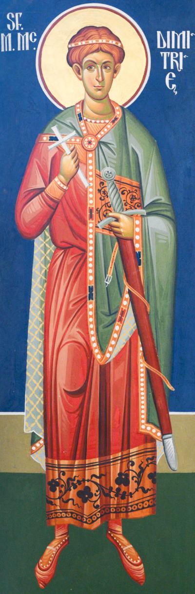 Sfântul Mare Mucenic Dimitrie, Izvorâtorul de mir - fresca din Capela Seminarului Teologic Liceal Ortodox „Sfantul Vasile cel Mare”, din Iasi Sfântul Mare Mucenic Dimitrie, Izvorâtorul de mir