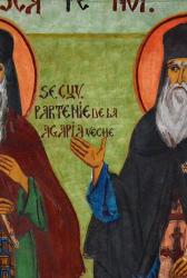 Frescă din pridvorul paraclisului Mănăstirii Agapia Sfinții Cuvioși Rafael și Partenie de la Agapia Veche