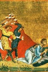 Martiriul Sfântului Apostol și Arhidiacon Ștefan - miniatură din Menologhionul lui Vasile al II-lea Macedoneanul (985, Vatican Library. Roma) Sfântul Apostol, Întâiul Mucenic și Arhidiacon Ștefan